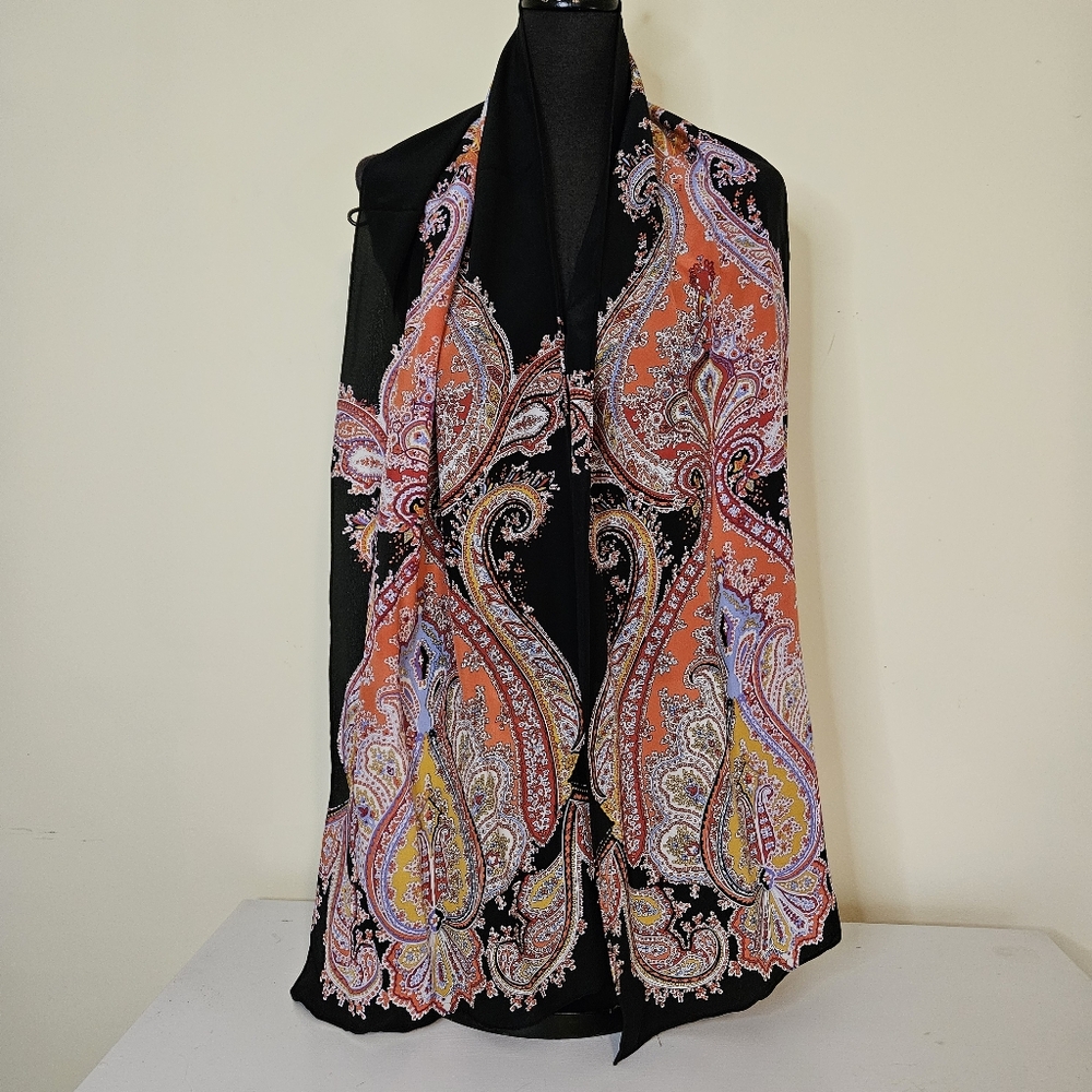 Talbots Paisley Print Silk Scarf in Black and Orange NWT